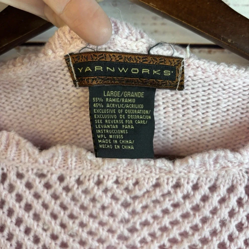 Vintage 80s 90s Sweater L Pink Cottagecore Embellished Pearls 3D Feminine Granny